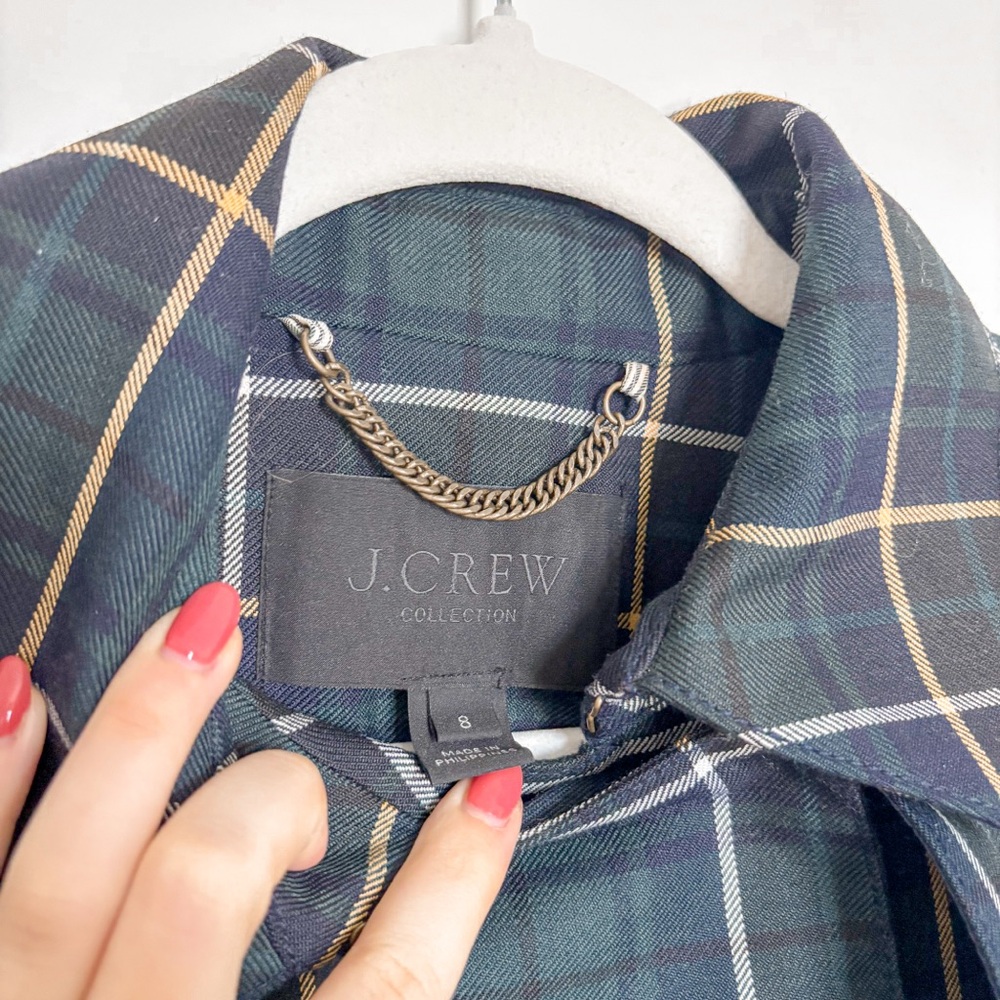 J. Crew Collection Green Navy Tartan Plaid Classic Belted Wool Blend Trench Coat - Picture 3 of 7